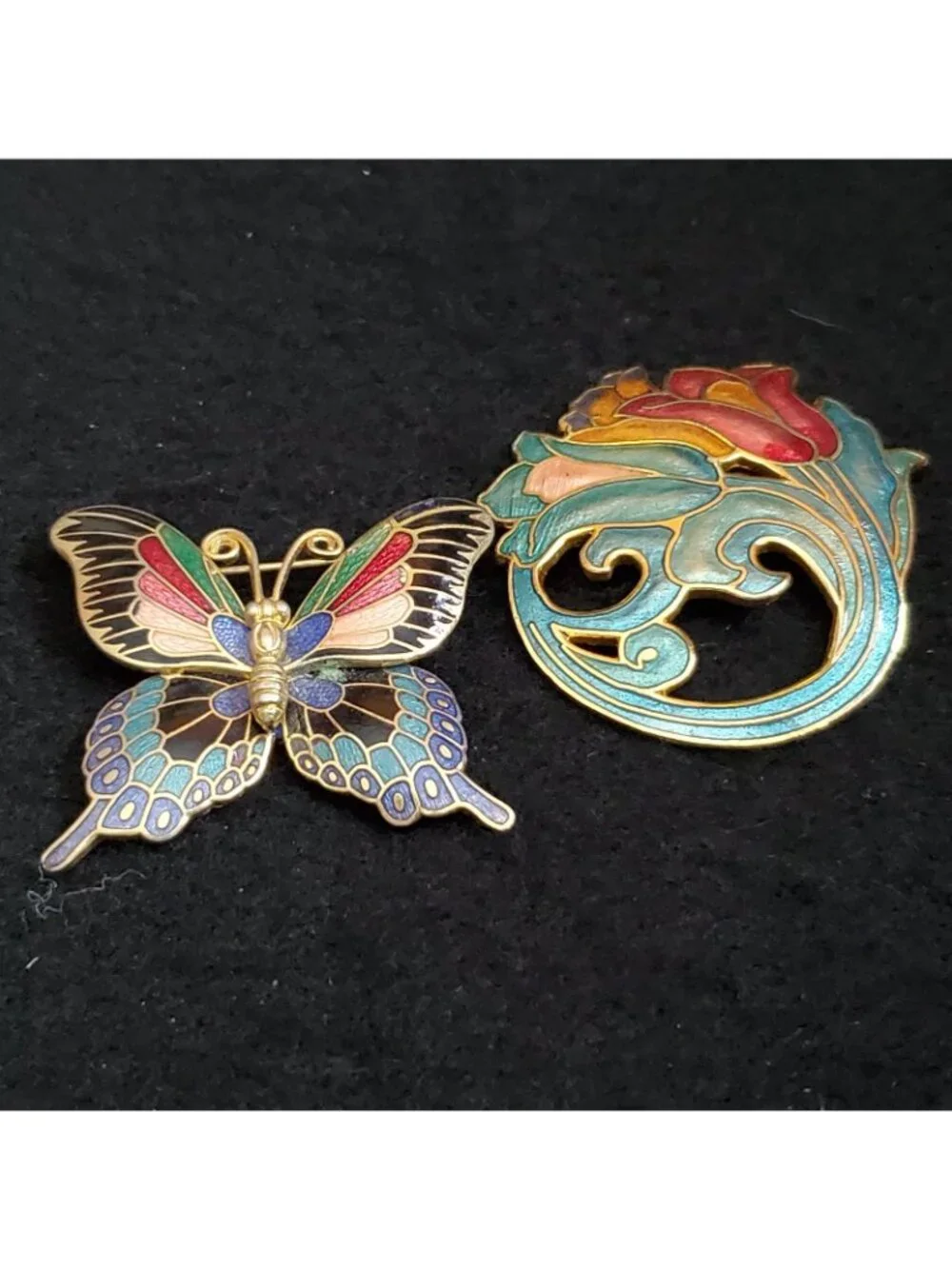 Vintage Cloisonne Brooch Lot Butterfly Flowers Floral 1.75